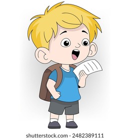 This cheerful illustration depicts a young school boy with blonde hair, holding his homework assignment and wearing a backpack.