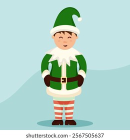 This cheerful illustration features a cute cartoon Christmas elf with a green hat, green and white striped stockings, and a friendly smile