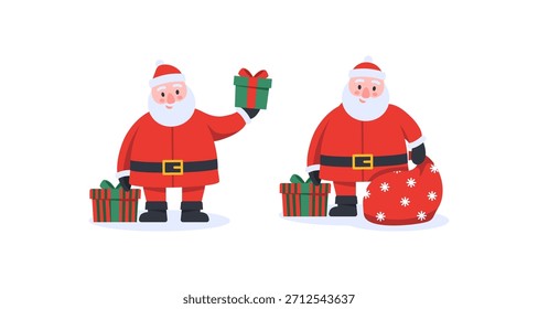 This cheerful illustration features Santa Claus with presents and a sack, perfect for holiday designs