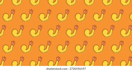 Esta alegre ilustración muestra un motivo repetitivo de gamba tempura dorada-marrón sobre un cálido fondo naranja, perfecto para temas culinarios o propósitos decorativos.