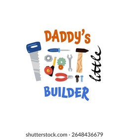 Este design de t-shirt crianças alegres mostra ferramentas coloridas de trabalho de desenhos animados ao lado da frase engraçada pequeno construtor do papai, perfeito para inspirar jovens imaginações e criatividade.