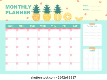 This cheerful monthly planner features a tropical pineapple theme with pastel colors, roomy date boxes, to-do list, and a notes section—perfect for organizing schedules with a cheerful, summery vibe.