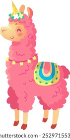 This cheerful pink llama features a colorful party hat and floral accessories embodying a playful spirit perfect for festive occasions in a vibrant cartoon setting.