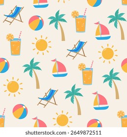This cheerful seamless pattern features summer icons like sun, beach balls, palm trees, cocktails, boats, and deck chairs. Perfect for summer-themed designs, textiles, and web backgrounds.