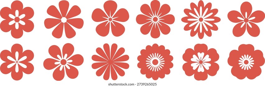 This cheerful selection showcases various simplified red floral icons, ideal for adding a touch of nature or spring to any project.