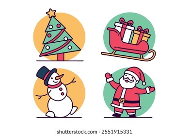 This cheerful set of Christmas icons includes a decorated tree, a snowman, Santa Claus, and a sleigh full of presents, perfect for adding a touch of holiday cheer to your designs.