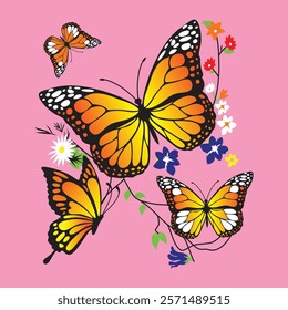 This cheerful stock photo features multiple monarch butterflies in vibrant orange and yellow, accented with white polka dots and black outlines, fluttering amongst a variety of colorful flowers