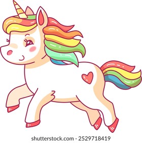 Este alegre unicornio con una melena de color arcoíris está bailando juguetonamente mostrando su diseño colorido y un encantador detalle de corazón en su lado perfecto para el arte de los niños.