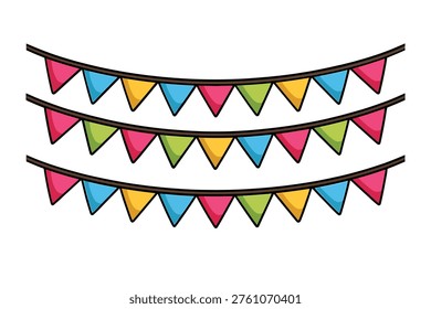 This cheerful vector graphic illustration features three horizontally arranged strings of colorful triangular bunting flags. Each string showcases a repeating pattern of pink, blue, yellow, and green pennants, creating a vibrant and festive design element. Ideal for party invitations, event promotions, website banners, or any project needing a joyful touch. The playful style of these celebratory decorations adds a lively atmosphere, perfect for birthdays, holidays, festivals, or any special occasion, enhancing visual appeal with bright, happy colors.
