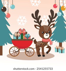 This cheerful vector illustration depicts a reindeer pulling a sleigh filled with beautifully wrapped Christmas gifts. 