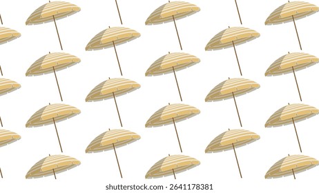 This cheerful vector illustration features a clean and seamless repeating pattern composed solely of classic beach umbrellas, angled and distributed across a crisp white background.