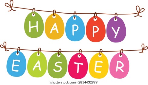 This cheerful vector illustration features a festive Happy Easter banner decorated with colorful egg-shaped cutouts hanging from strings. The design includes multiple bright colors such as green, yellow, blue, red, pink, and purple, creating a joyful holiday atmosphere. The decorative egg bunting represents Easter celebrations, springtime traditions, family gatherings, seasonal parties, and festive home decoration. This versatile artwork is suitable for greeting cards, invitations, posters, social media graphics, party decorations, websites, and seasonal marketing materials.

Easter is one of the most widely celebrated spring holidays around the world, representing themes of renewal, hope, happiness, and new beginnings. Decorative elements such as colorful eggs, banners, flowers, and spring colors are commonly used to create a festive environment. This illustration captures the playful and welcoming spirit of Easter through a simple yet attractive hanging egg decoration.

The main element of this design is the pascha egg bunting. pascha eggs are among the most recognizable symbols of the holiday and are traditionally associated with new life, growth, and celebration. The use of colorful egg shapes creates a strong visual connection with eastertide traditions while adding a modern decorative style.

The hanging string arrangement creates the appearance of a traditional party garland. Bunting decorations are commonly used for birthdays, festivals, weddings, holidays, and seasonal events because they create an instant celebratory atmosphere. In this illustration, the egg-shaped bunting transforms a simple space into a festive eastertide setting.

The variety of colors used throughout the banner adds energy and visual appeal. Bright shades such as pink, yellow, blue, green, red, and purple represent happiness, creativity, and springtime freshness. Colorful decorations are an important part of eastertide celebrations because they create a cheerful environment and appeal to audiences of all ages.