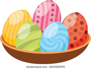 This cheerful vector illustration features a cartoon-style Easter basket filled with colorful decorated eggs, creating a festive representation of one of the most recognizable symbols of Easter celebrations. The brown basket contains multiple eggs decorated with creative patterns such as stripes, dots, and swirling designs in bright shades of pink, yellow, blue, and green. The artwork represents holiday traditions, spring festivals, family gatherings, egg hunts, greeting cards, decorations, and seasonal marketing campaigns.

Easter eggs are among the most popular symbols associated with Easter and spring celebrations. They represent new life, renewal, growth, and happiness. Decorating eggs has been a long-standing tradition in many cultures, with families and communities creating colorful designs to celebrate the holiday season. This illustration captures the joyful spirit of Eastertime through a playful collection of decorated egg arranged in a traditional basket.

The basket is an important element of the composition. Traditionally, Eastertime baskets are used during egg hunts, family celebrations, and holiday gatherings. They symbolize sharing, abundance, and the excitement of discovering colorful treasures. The brown woven pot in this illustration provides a natural background that highlights the bright colors of the decorated egg.

The colorful is the main visual focus of the design. Each features unique patterns, including stripes, dots, and curved swirl decorations. These patterns represent creativity, craftsmanship, and the fun process of creating personalized Eastertime decorations. The variety of designs makes the illustration visually engaging and suitable for audiences of all ages.

The use of bright colors creates a cheerful spring atmosphere. Pink, yellow, blue, and green are commonly associated with Eastertime because they represent flowers, sunshine, nature, freshness, and seasonal celebration. The colored palette helps communicate happiness and excitement.