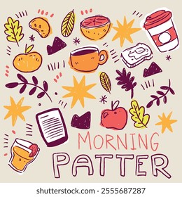 This cheerful and whimsical illustration depicts a variety of morning-themed elements, including a coffee cup, a piece of toast, fruit, and various natural objects like leaves and stars. 