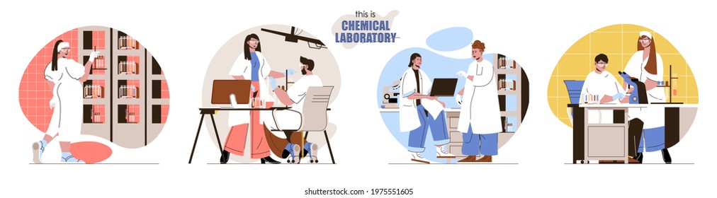 This is Chemical Laboratory concept scenes set. Researchers do lab tests with flasks, test tubes, scientific research. Collection of people activities. Vector illustration of characters in flat design