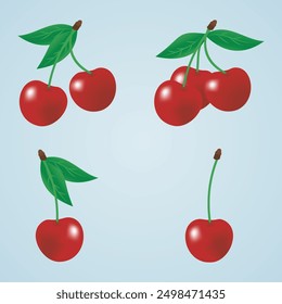 This cherry clipart features four cherries with leaves and one with a stem, perfect for adding a touch of freshness and color to your designs.