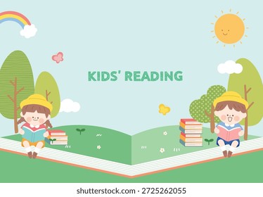 This is a children's reading banner featuring children reading outdoors in nature.