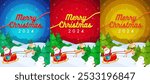 This Christmas 2024 design features Santa on a sleigh, reindeer, snowman, and festive trees under snowy skies. Available in three colorful backgrounds: blue, red, and yellow.