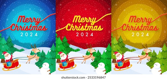 This Christmas 2024 design features Santa on a sleigh, reindeer, snowman, and festive trees under snowy skies. Available in three colorful backgrounds: blue, red, and yellow.