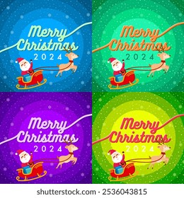 This Christmas 2024 design features Santa on a sleigh, reindeer, snowman, and festive trees under snowy skies. Available in three colorful backgrounds: blue, red, and yellow.