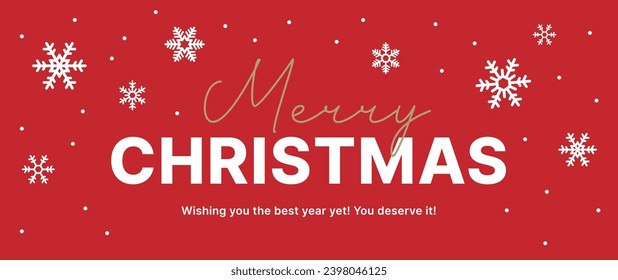 This is a Christmas concept banner illustration design with snow and snowflake patterns on a red background. The typographic reads 'merry christmas'.