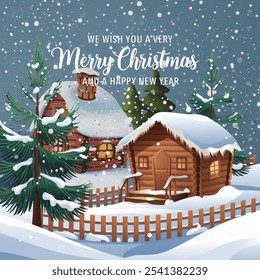 This is a Christmas greeting card with a snowy landscape, a small wooden cabin, and two pine trees. The text reads "We wish you a very Merry Christmas and a Happy New Year". Snow is falling from the s