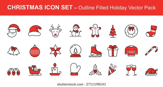 Este conjunto de ícones de Natal possui 25 ícones vetoriais limpos e modernos com tema de feriado, projetados em um estilo de contorno arrojado com destaques de cores vermelhas e pretas.