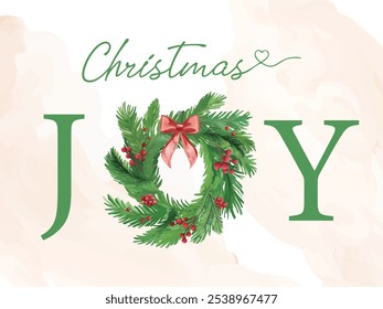 This Christmas Joy greeting card features a beautiful tree wreath adorned with vibrant red berries, perfect for spreading holiday cheer and warmth to loved ones.