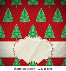 This is a Christmas and New Year frame with the effect of crumpled paper on a red background with green Christmas trees. Vector Illustration.