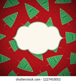 This is a Christmas and New Year frame on a red background with green Christmas trees. Vector Illustration.