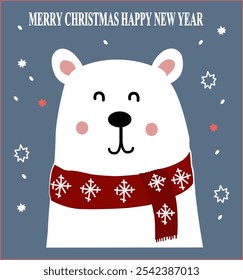 This is a Christmas and New Year greeting card featuring a cute cartoon polar bear. The bear has a cheerful face with closed eyes, round blush on its cheeks, and a black nose. 