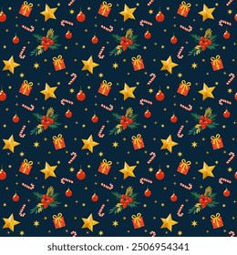 This Christmas pattern is made in a flat style with various iconic elements. Seamless background ideal for use in textiles, wallpaper and holiday decorations.