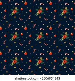 This Christmas pattern is made in a flat style with various iconic elements. Seamless background ideal for use in textiles, wallpaper and holiday decorations.