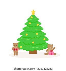 This is a Christmas tree with decorations and a teddy bear isolated on a white background.