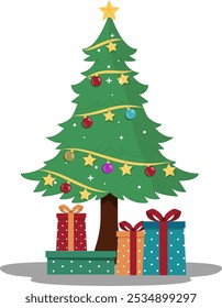 This Christmas tree design consists of a green pine tree, lights and stars and several gift boxes.