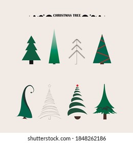 This is a christmas tree set made in vector graphics. Trees have different style and silhouette, the main colour is green.