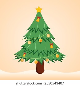 Esta Ilustración vectorial de árbol de Navidad presenta un hermoso diseño de hoja perenne adornado con decoraciones festivas, sobre un fondo vibrante que realza su espíritu navideño. 