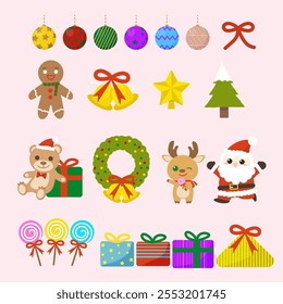 This Christmas vector graphic collection features Santa Claus, reindeer, and a Christmas tree. Colorful gifts and lights create a joyful atmosphere, ideal for festive designs.