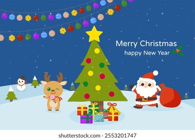 This Christmas vector graphic collection features Santa Claus, reindeer, and a Christmas tree. Colorful gifts and lights create a joyful atmosphere, ideal for festive designs.