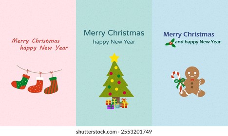 This Christmas vector graphic collection features Santa Claus, reindeer, and a Christmas tree. Colorful gifts and lights create a joyful atmosphere, ideal for festive designs.