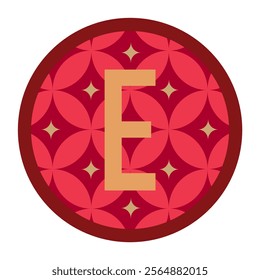 This circular artwork displays the letter “E” with rich red and gold tones, surrounded by a delicate floral geometric pattern, suitable for upscale branding or design projects.