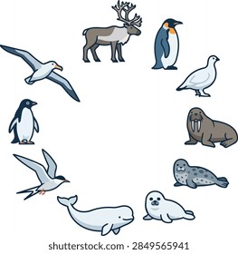 This circular collection showcases various animals living within frigid environments. Flat cartoon icons display reindeer, flightless birds, marine mammals, plus seals arranged in ring. That simple graphic style features bold outlines and soft muted tones suitable for educational materials or wildlife themed projects. Every specimen highlights distinctive natural traits.