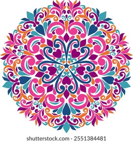 This circular floral pattern features teardrop, paisley, and leaf-like figures intricately intertwined in vibrant shades of pink, orange, blue, and purple. Perfect for decorations and textiles.