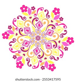 This circular floral pattern includes stylized flowers, leaves, hearts, and geometric shapes such as diamonds and lines. The color palette consists of shades of pink, yellow, and magenta.