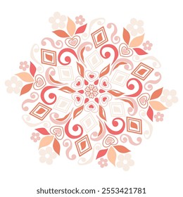 This circular floral pattern includes leaves, flowers, heart shapes, and geometric lines, executed in shades of pink, peach, and white. 