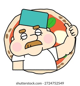 Esta es una ilustración de carácter circular estilo marco de un propietario de una tienda de pizza que tiene una idea desde el interior de una pizza.