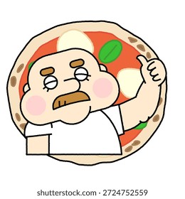 Esta es una ilustración circular de carácter de estilo marco de un propietario de una tienda de pizza haciendo una declaración desde el interior de una pizza.