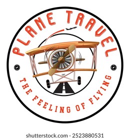 This circular logo design features a vibrant and nostalgic vintage airplane at its center, immediately drawing attention with its orange and gray color scheme. The plane is depicted in mid-flight. 