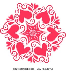 This circular pattern is crafted in shades of pink and red, featuring heart-shaped forms and swirls inspired by natural elements such as flowers and leaves.