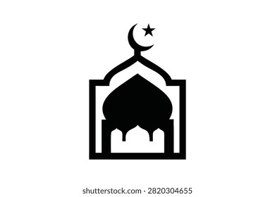 This classic black silhouette of a mosque with dome and crescent moon represents the heart of Islamic worship and architecture.